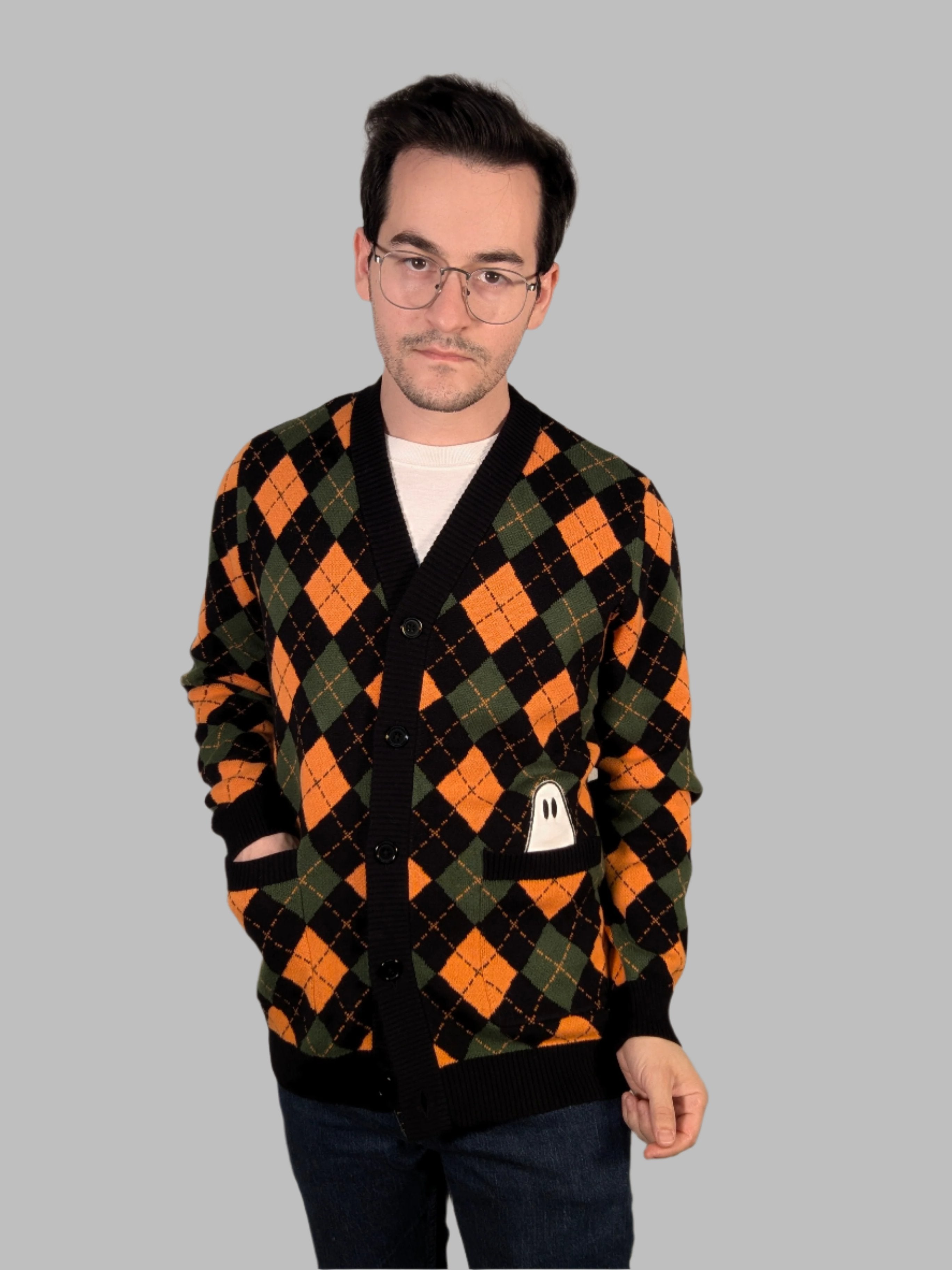 Pocket Ghost Halloween Cardigan - Sleepy Peach