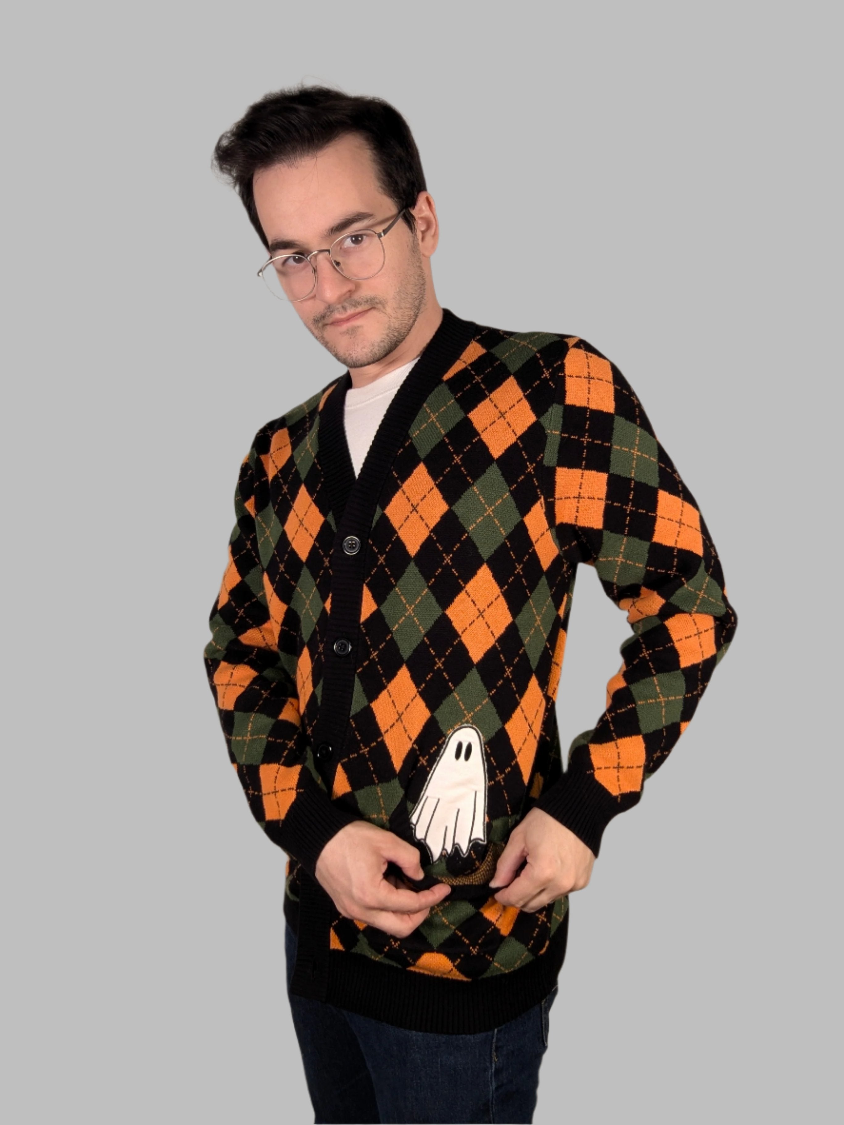 Pocket Ghost Halloween Cardigan - Sleepy Peach