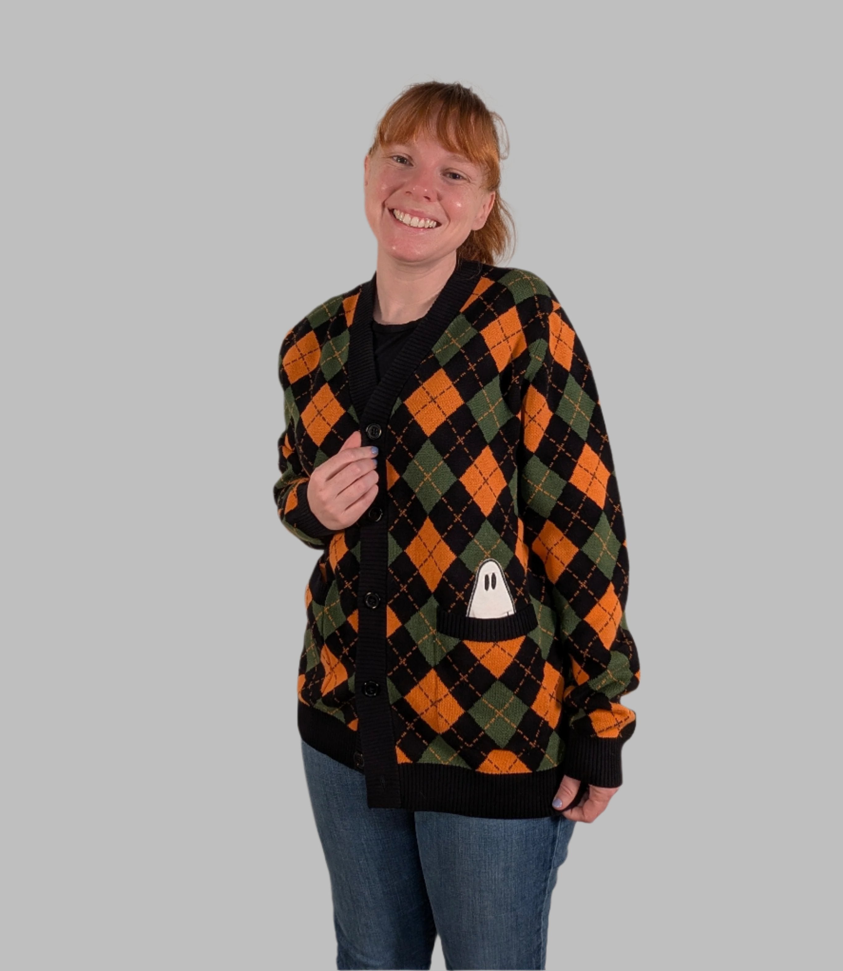 Pocket Ghost Halloween Cardigan - Sleepy Peach